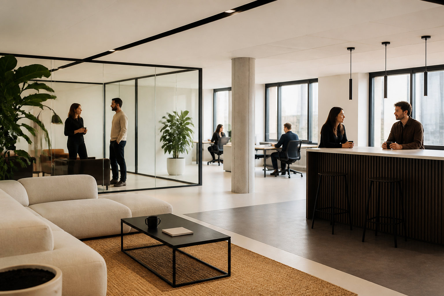 Employés travaillant dans un bureau moderne avec verrières, espace détente et comptoir de travail.