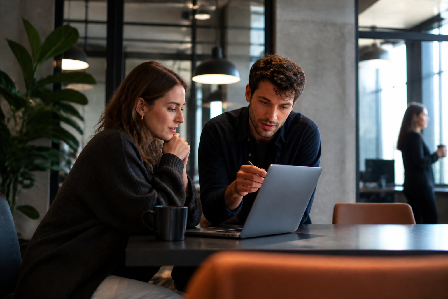 Un homme et une femme travaillent ensemble sur un ordinateur portable dans un bureau moderne.