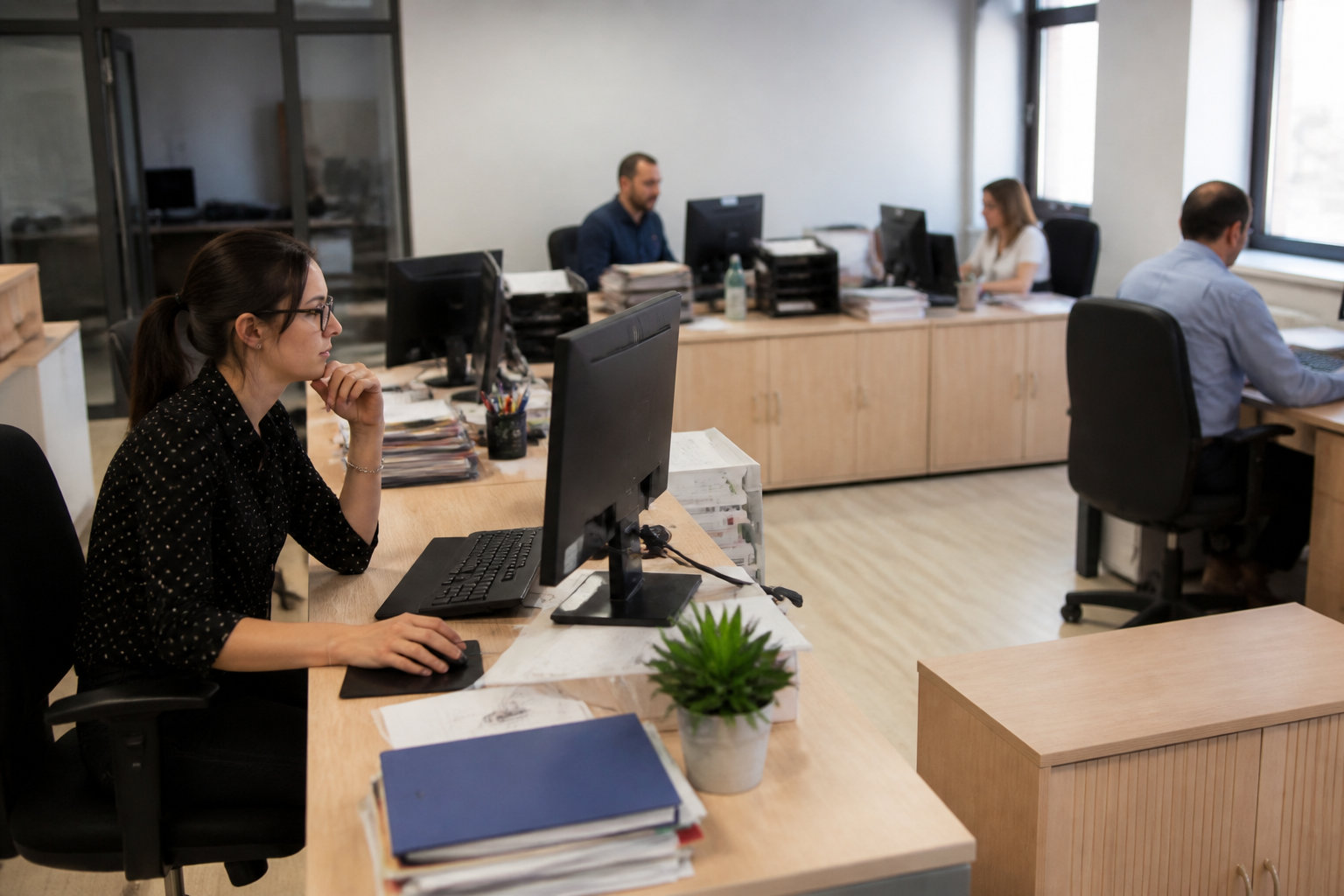 Une employée travaillant sur son ordinateur dans un bureau moderne avec ses collègues en arrière-plan.