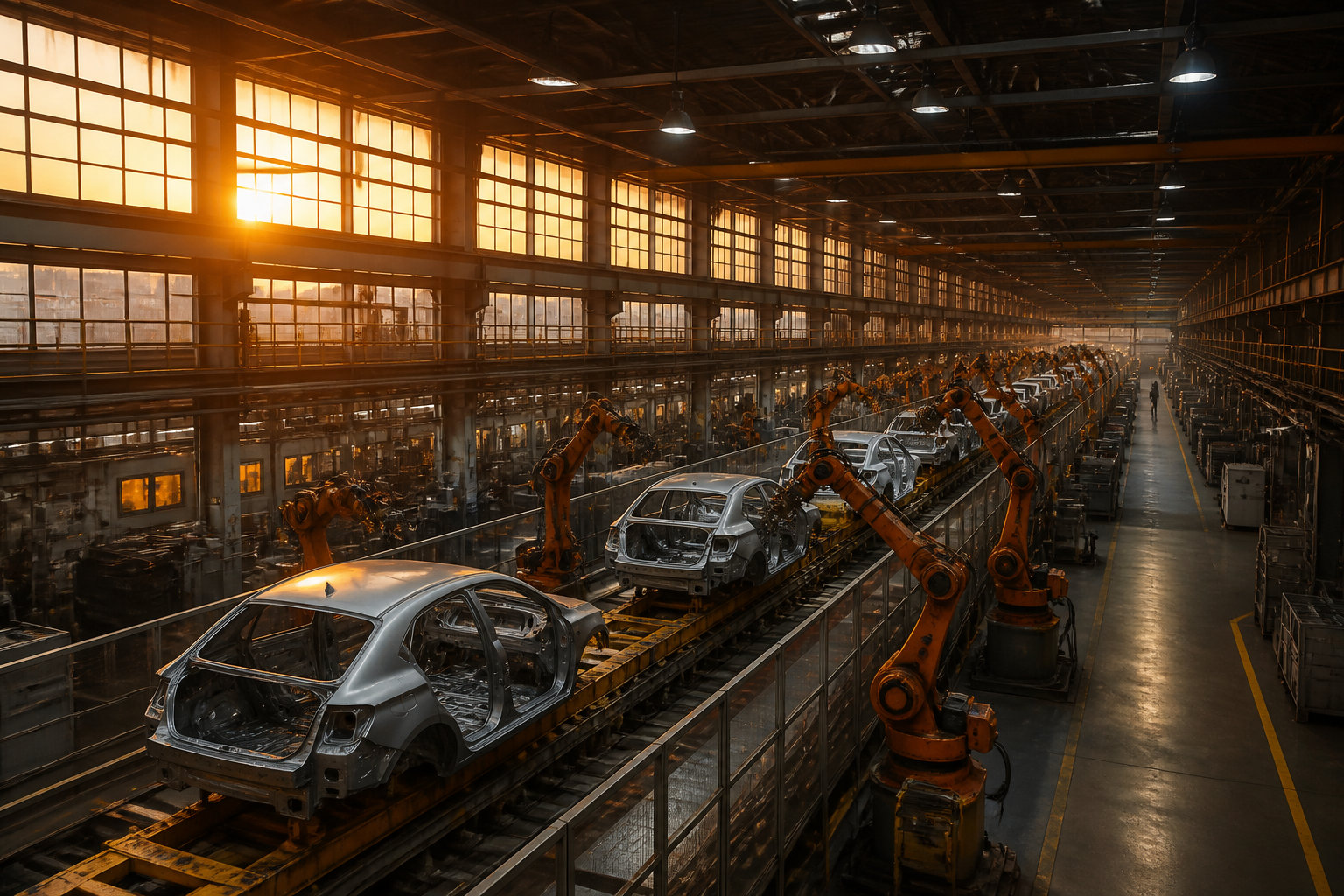 Bras robotisés assemblant des châssis de voitures sur une chaîne de montage dans une usine industrielle au coucher du soleil.