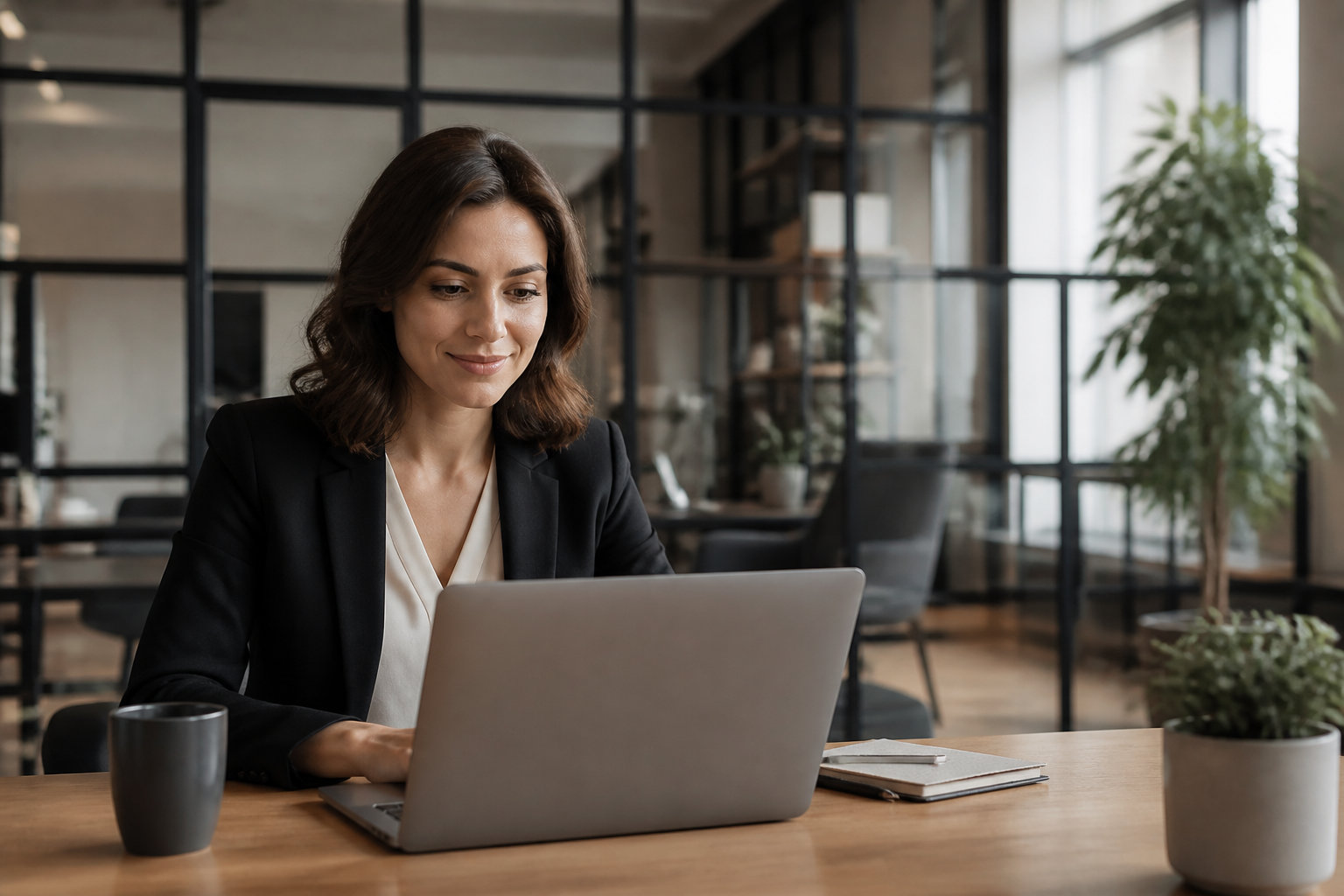 Une femme professionnelle souriante travaillant sur son ordinateur portable dans un bureau moderne et lumineux.