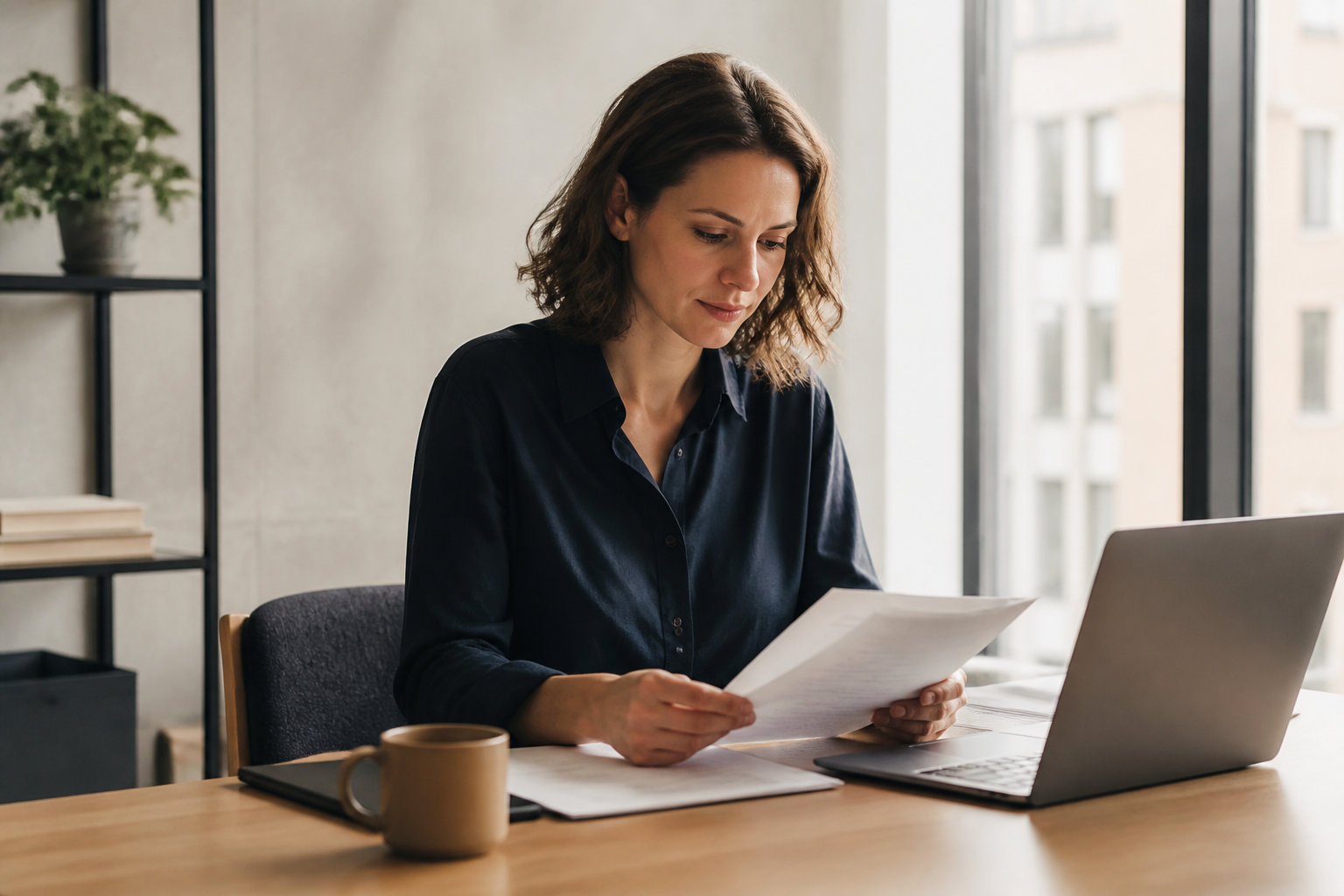 Une femme d'affaires concentrée lisant des documents professionnels devant un ordinateur portable dans un bureau moderne.