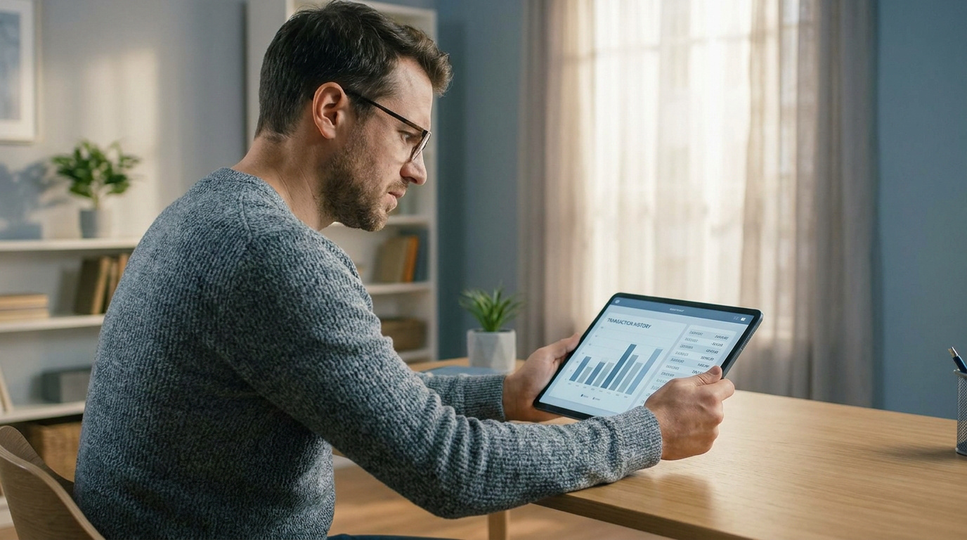 Un homme avec des lunettes regarde attentivement un graphique financier sur une tablette dans un bureau lumineux.