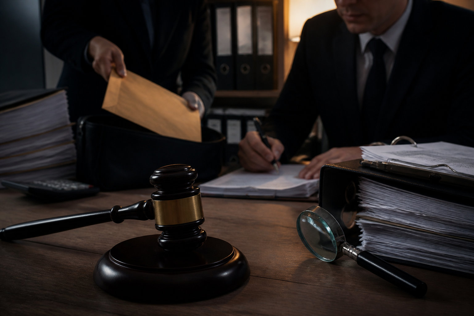 Un marteau de juge, une loupe et des dossiers sur un bureau avec deux hommes en costume travaillant en arrière-plan.