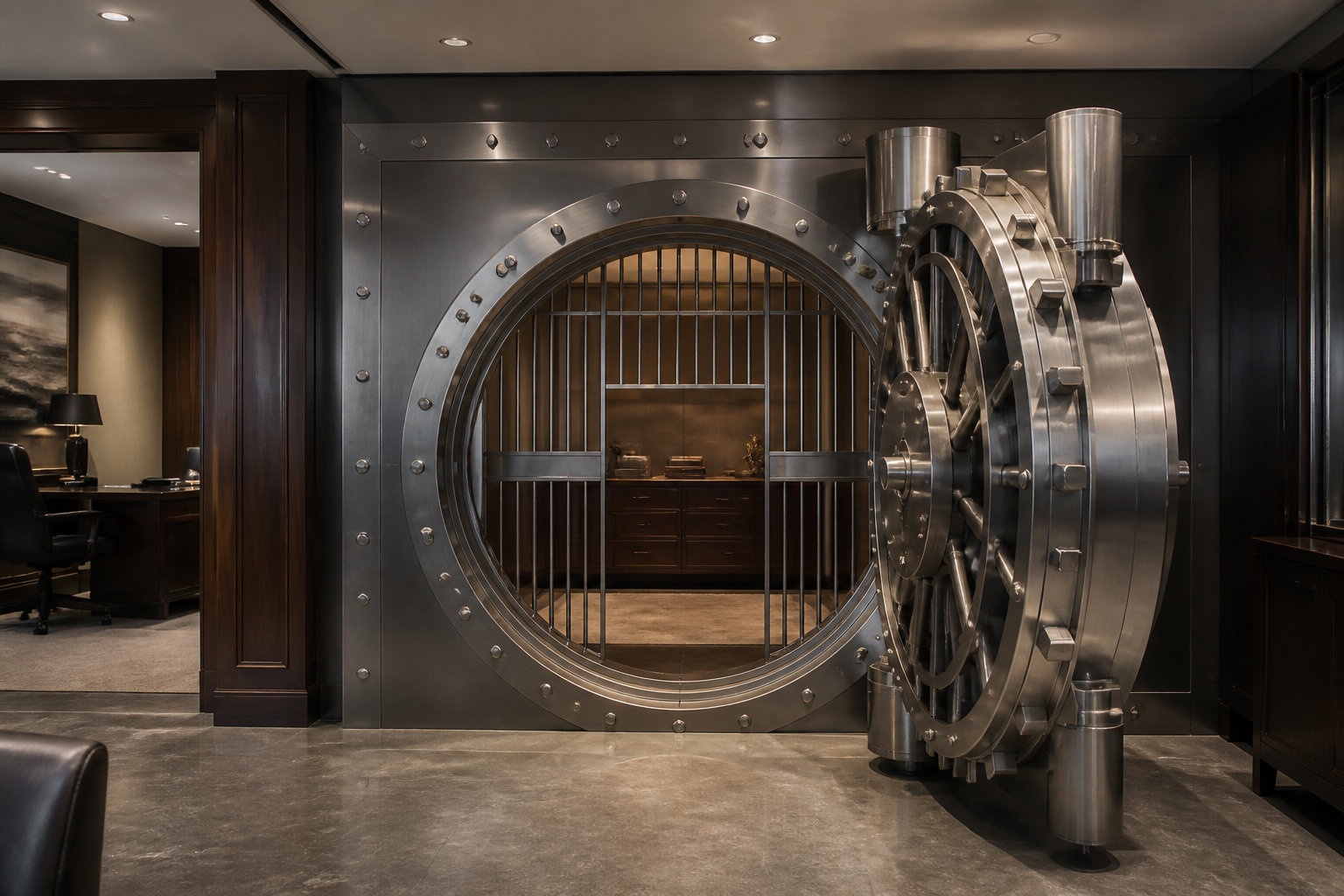 Porte de coffre-fort circulaire en acier ouverte dans un bureau d'avocats luxueux.