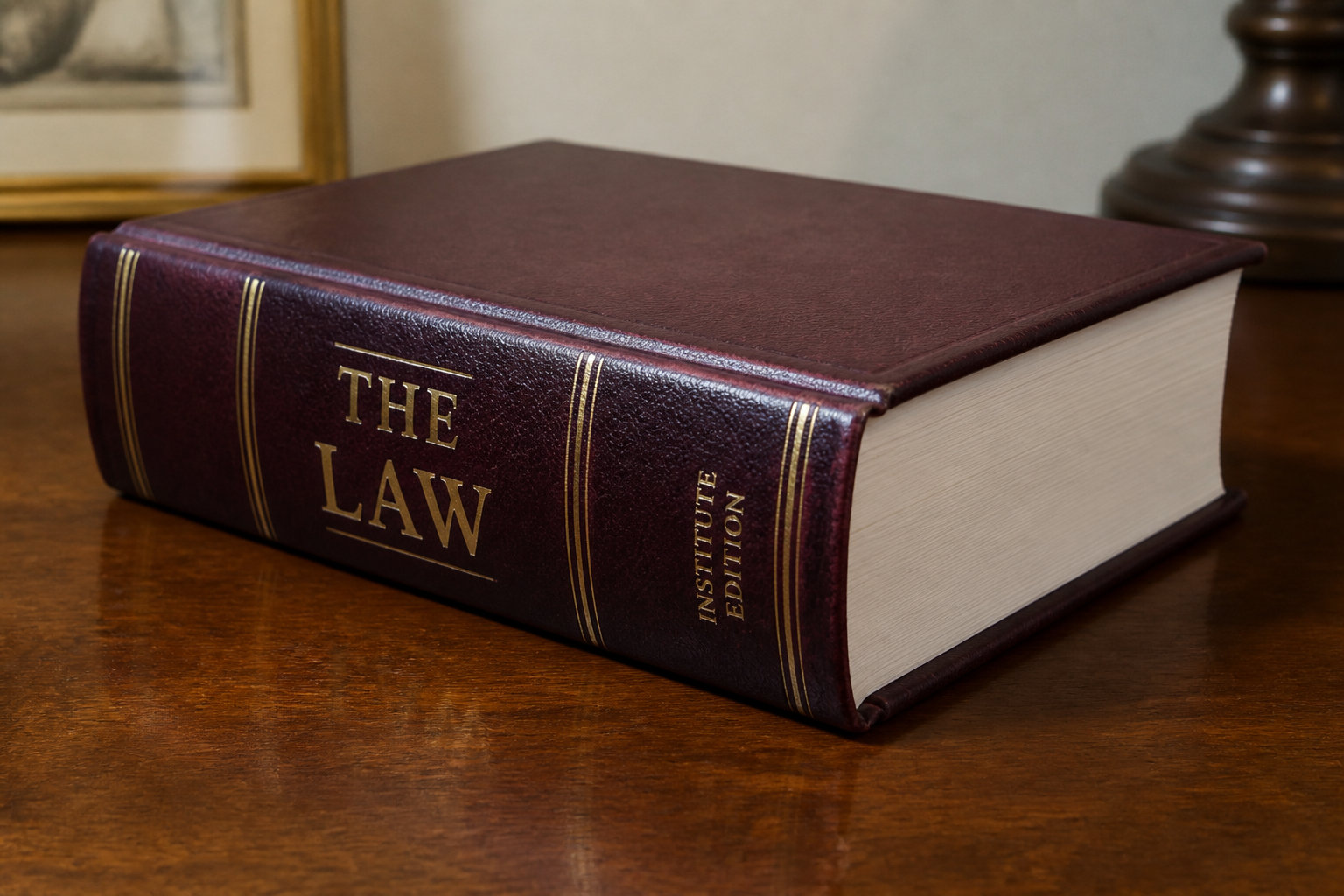 Un gros livre relié en cuir bordeaux avec le titre "THE LAW" en lettres dorées posé sur une table en bois.