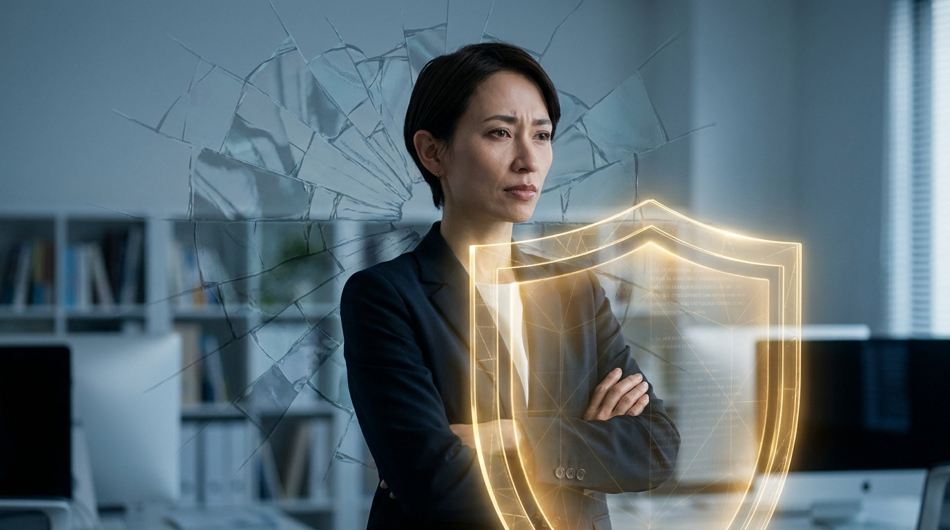 Femme d'affaires devant un écran brisé et un bouclier numérique protecteur.