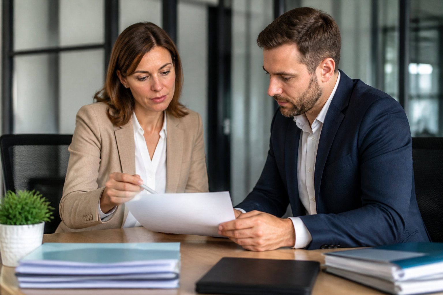 Une femme et un homme en tenue professionnelle examinant un document administratif à un bureau.