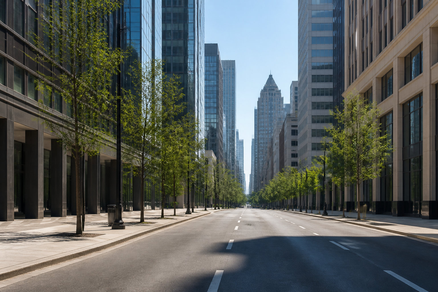 Une rue large et déserte bordée de gratte-ciel modernes et d'arbres sous un ciel bleu clair.