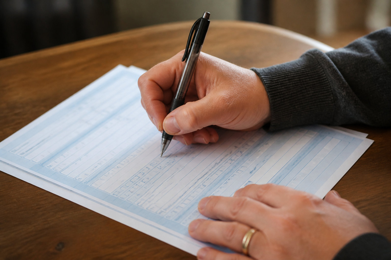 Une personne remplissant un document administratif sur une table en bois avec un stylo noir.